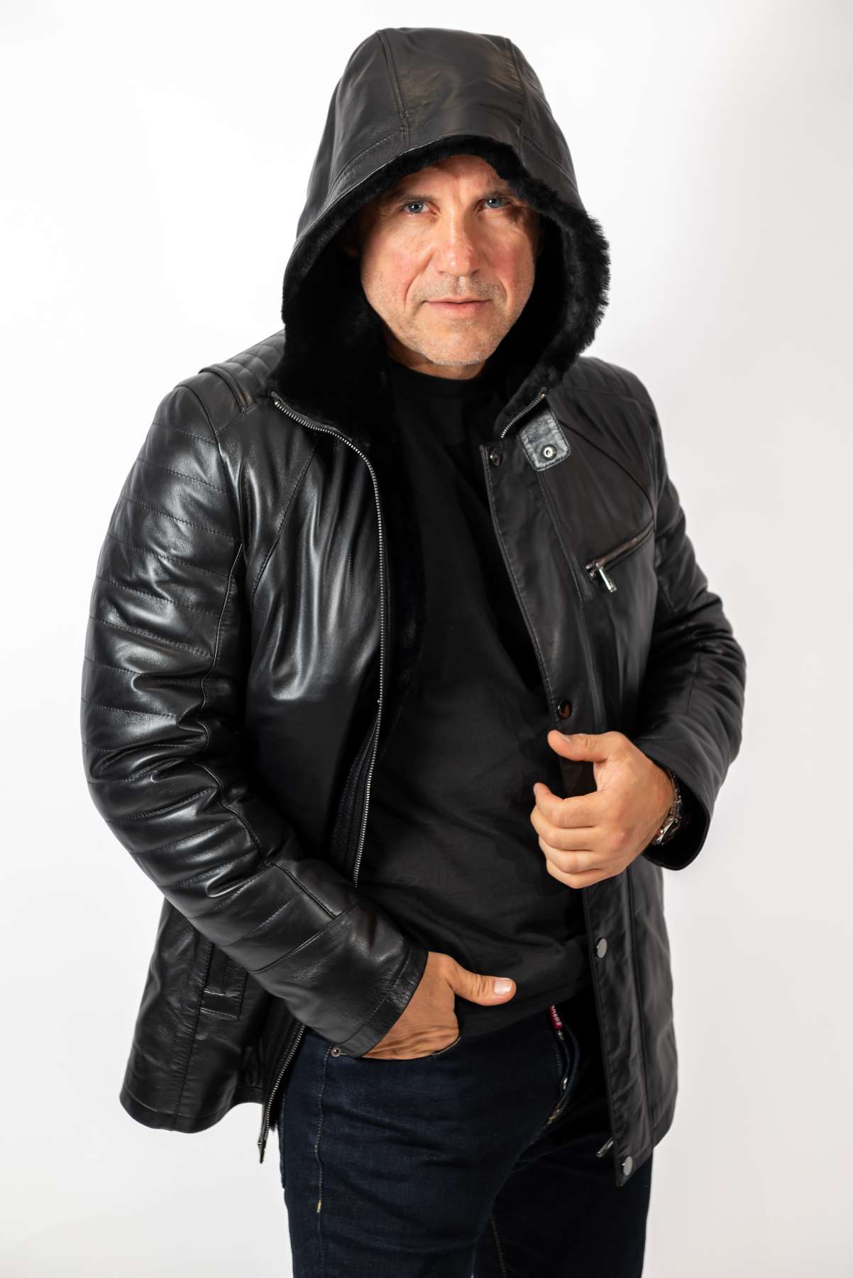 Men's leather coat Boris with hood Black