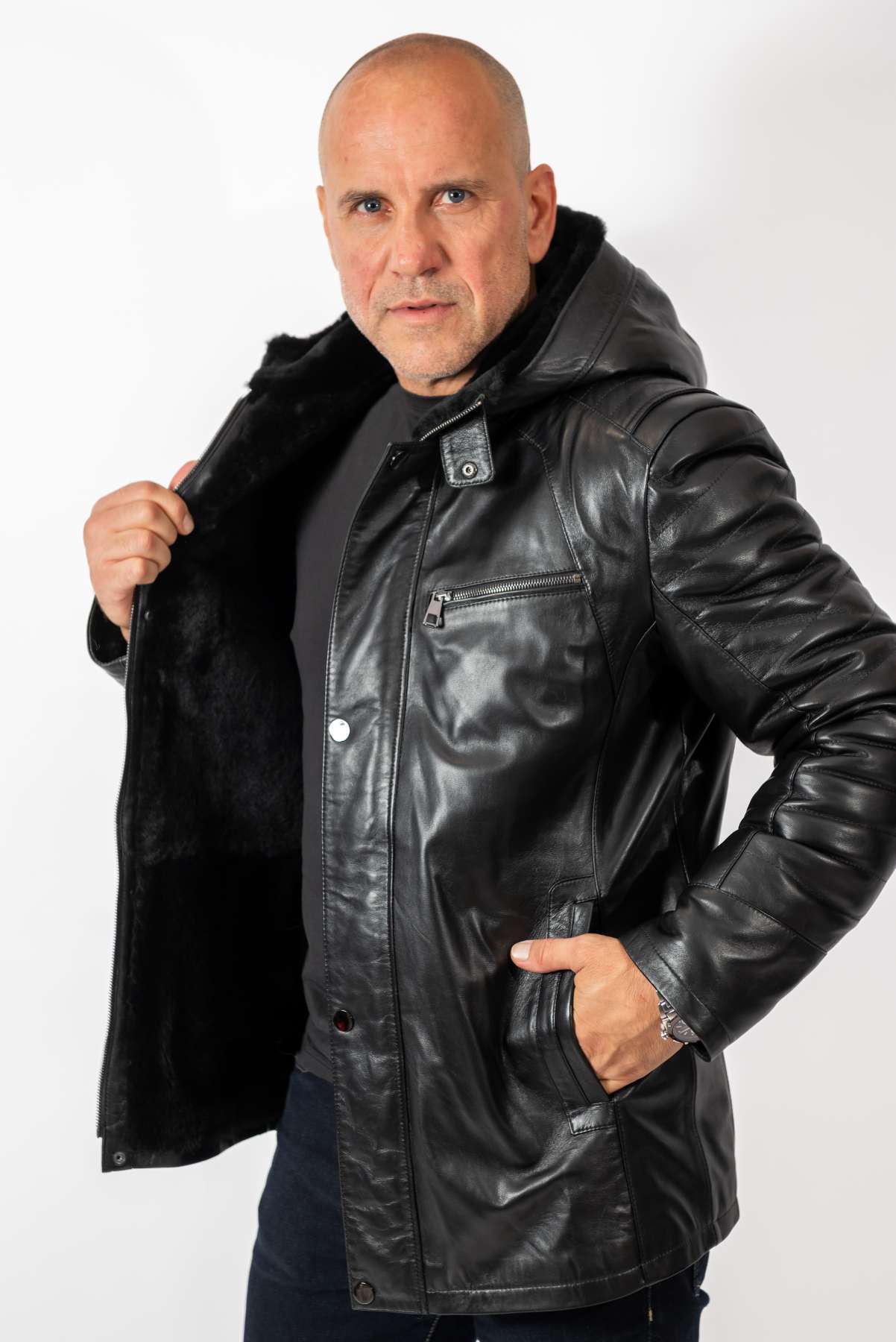 Men's leather coat Boris with hood Black