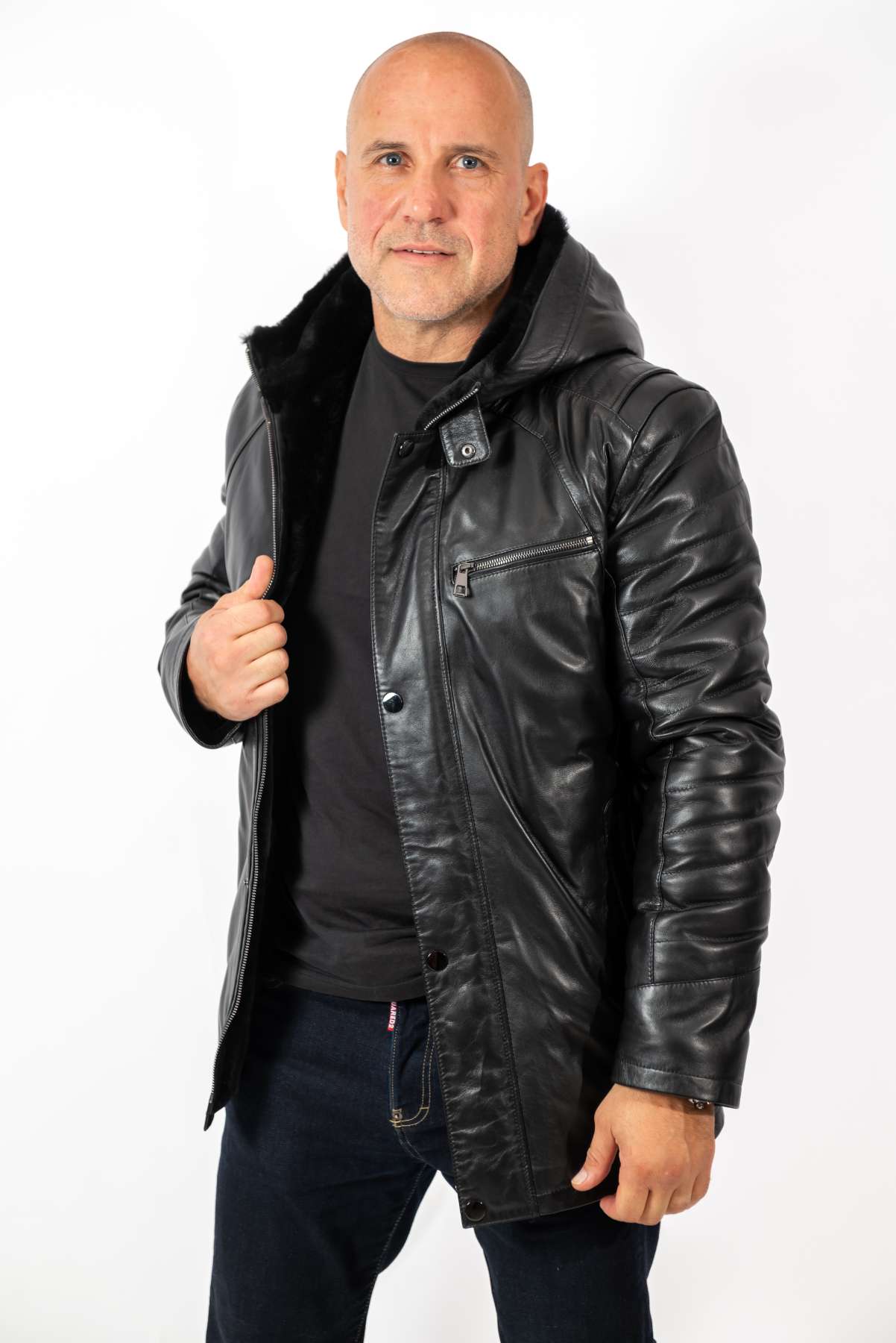 Men's leather coat Boris with hood Black