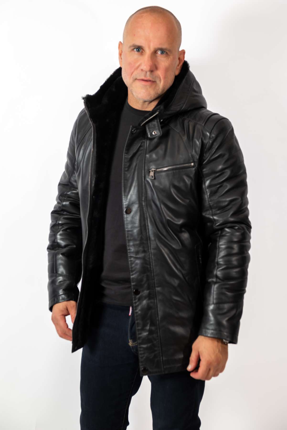 Men's leather coat Boris with hood Black