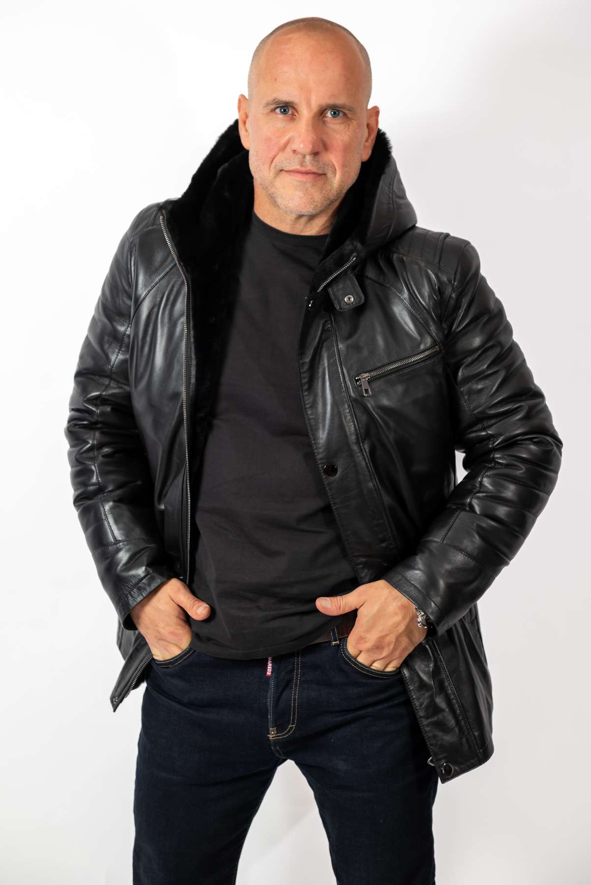 Men's leather coat Boris with hood Black