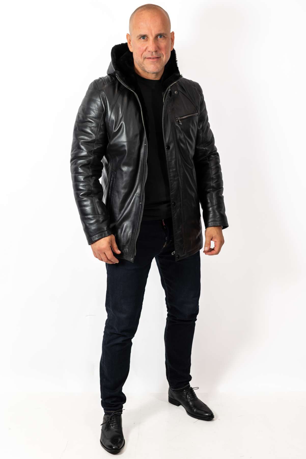 Men's leather coat Boris with hood Black