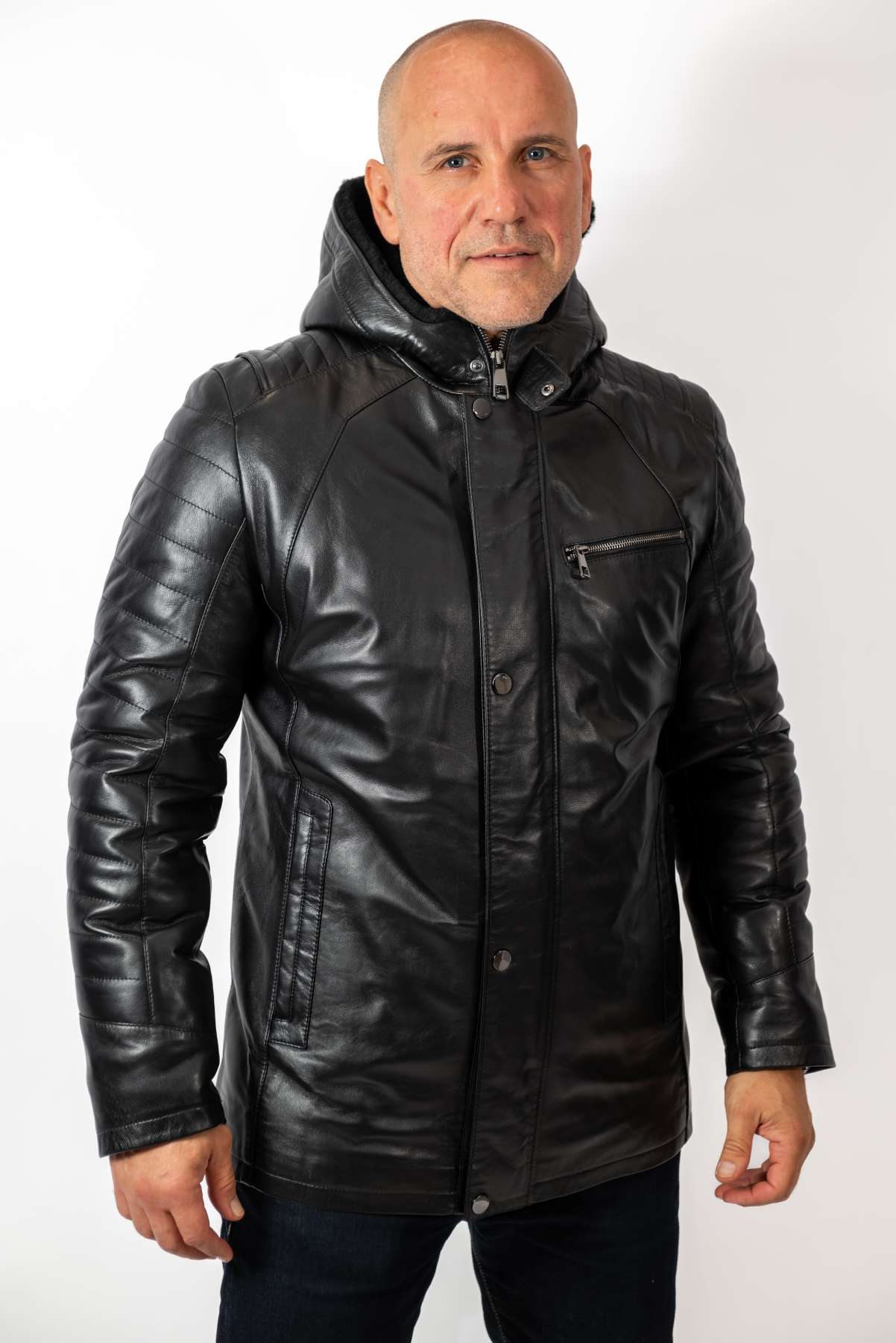Men's leather coat Boris with hood Black