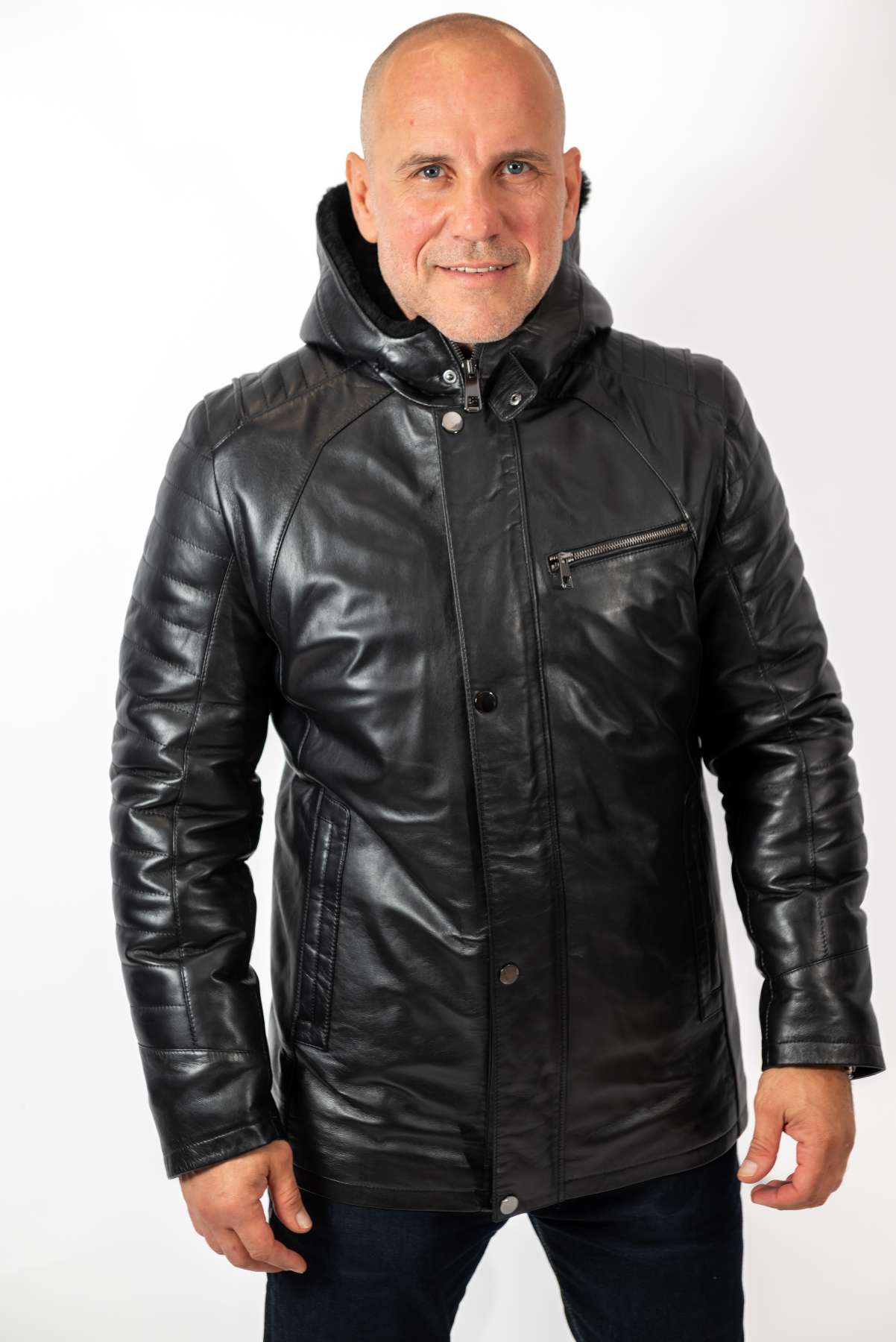 Men's leather coat Boris with hood Black