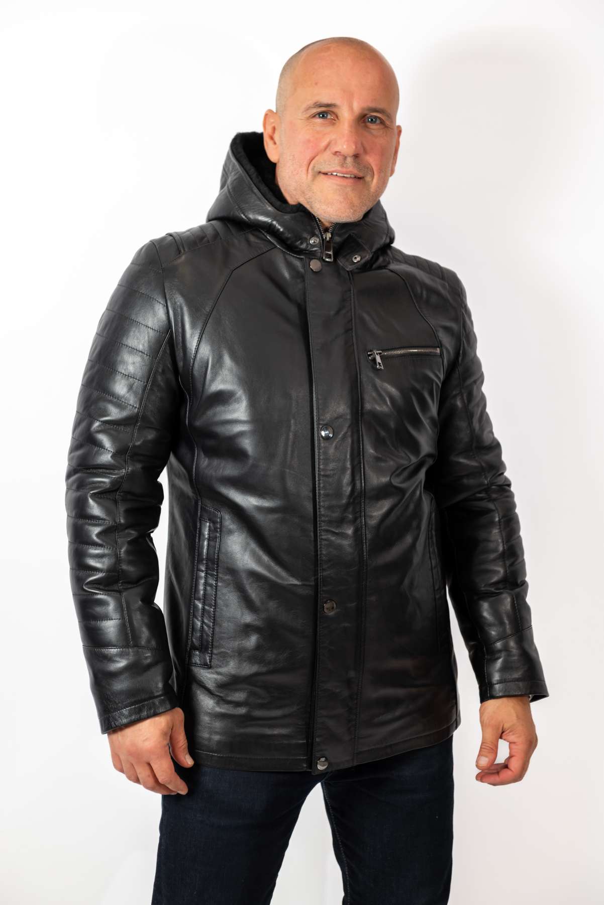 Men's leather coat Boris with hood Black