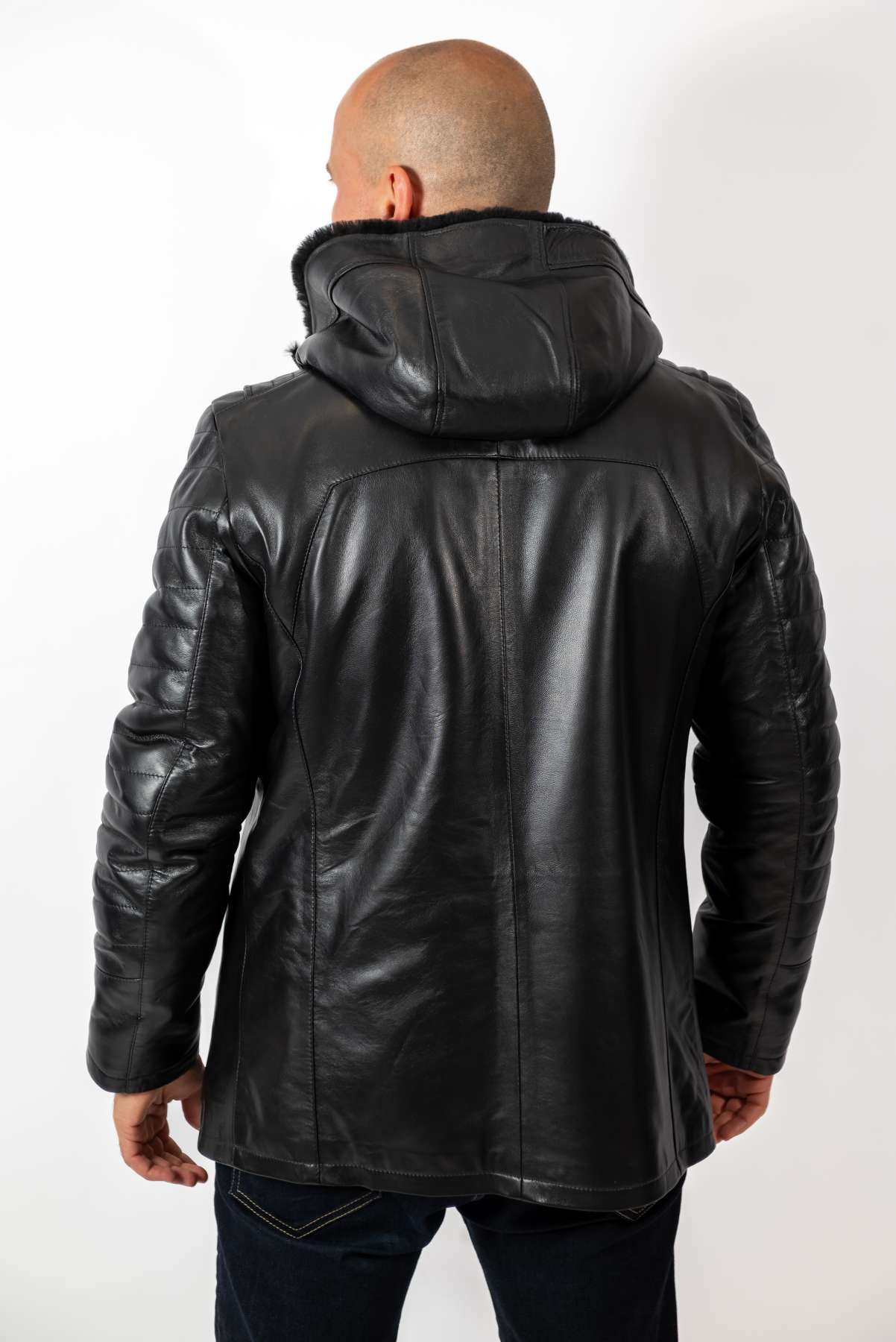 Men's leather coat Boris with hood Black