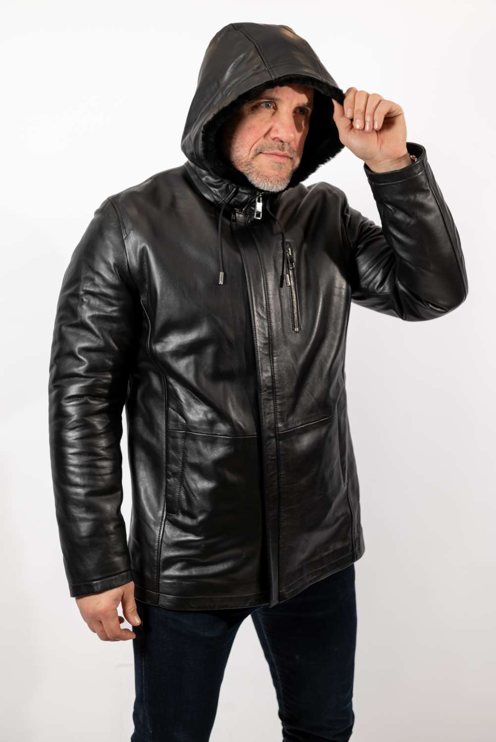 Men's leather coat Boril with hood
