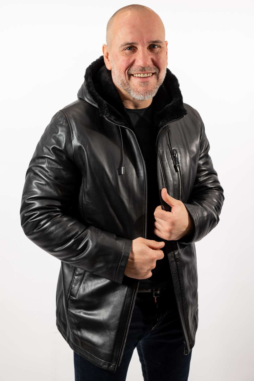 Men's leather coat Boril with hood