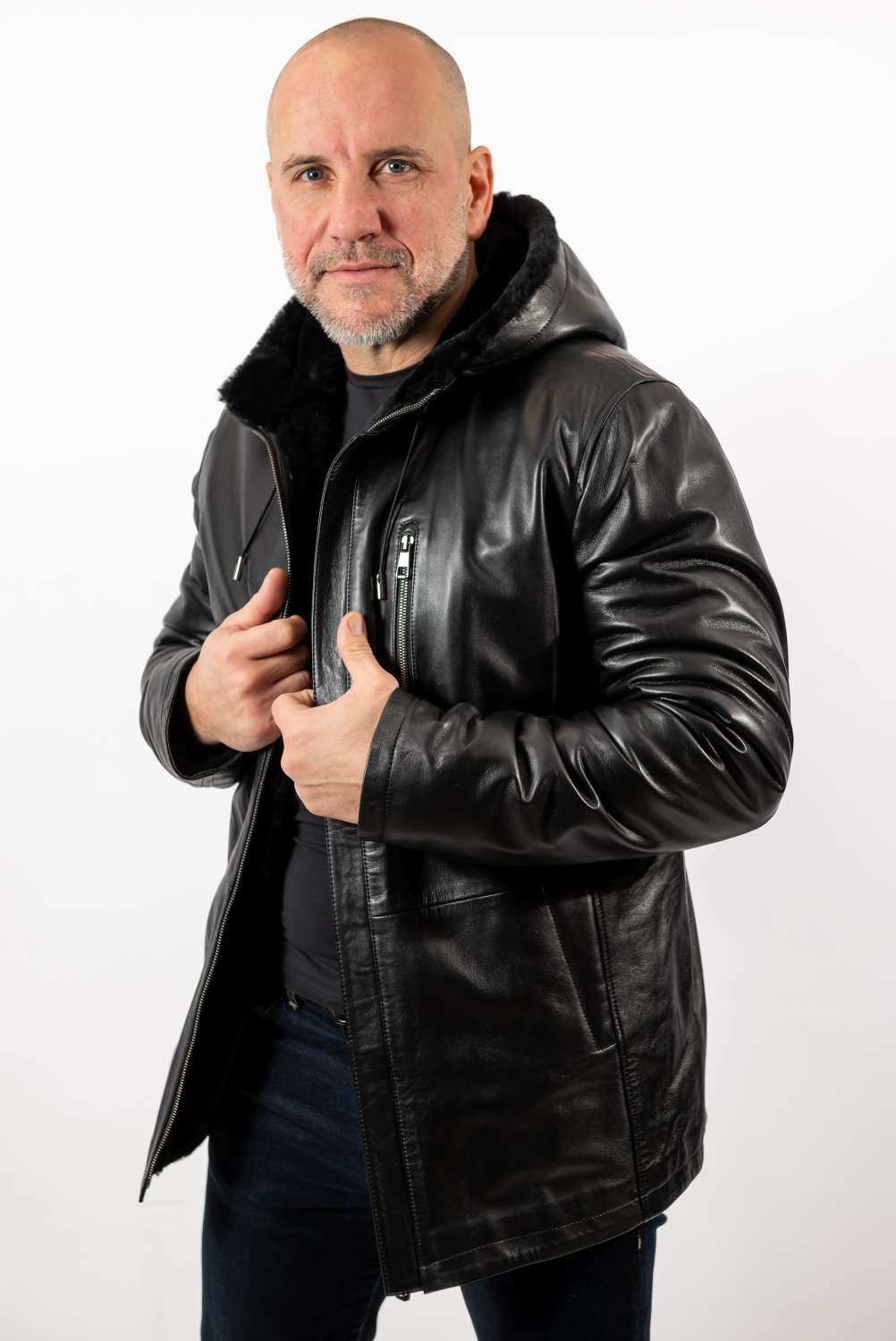 Men's leather coat Boril with hood