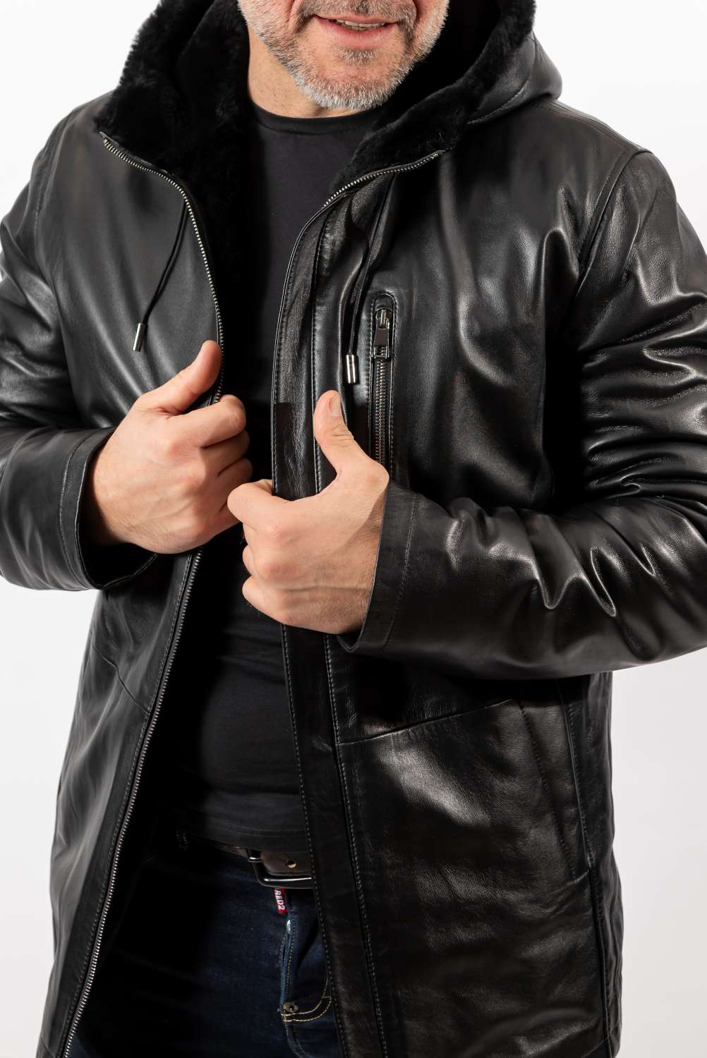 Men's leather coat Boril with hood