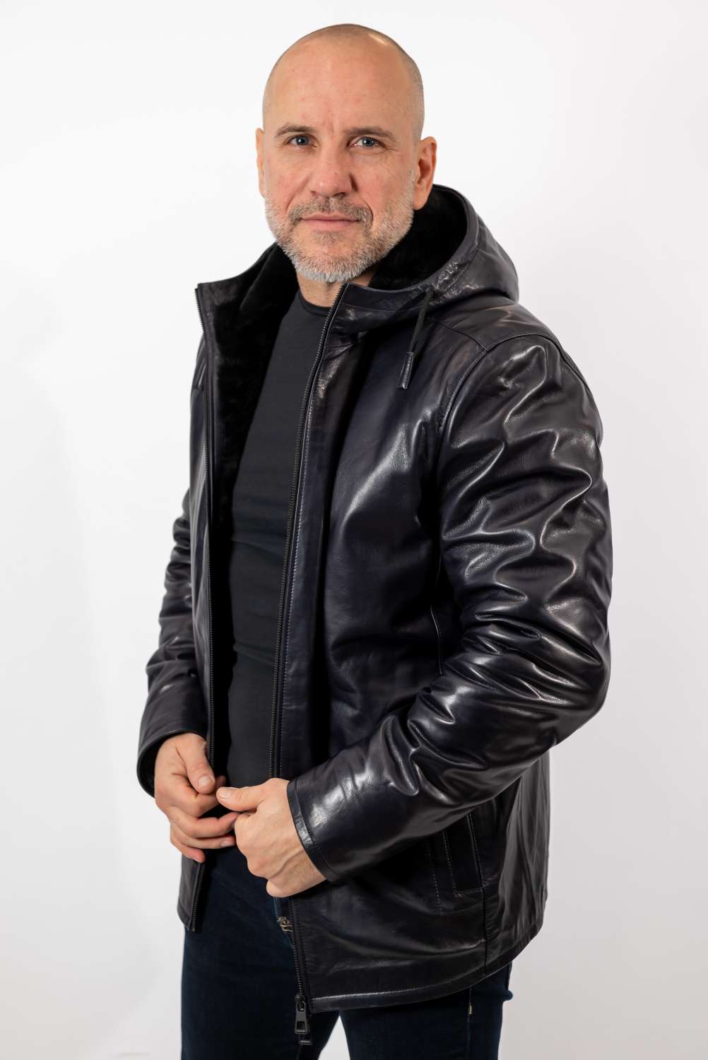 Men's leather coat Bobby with hood