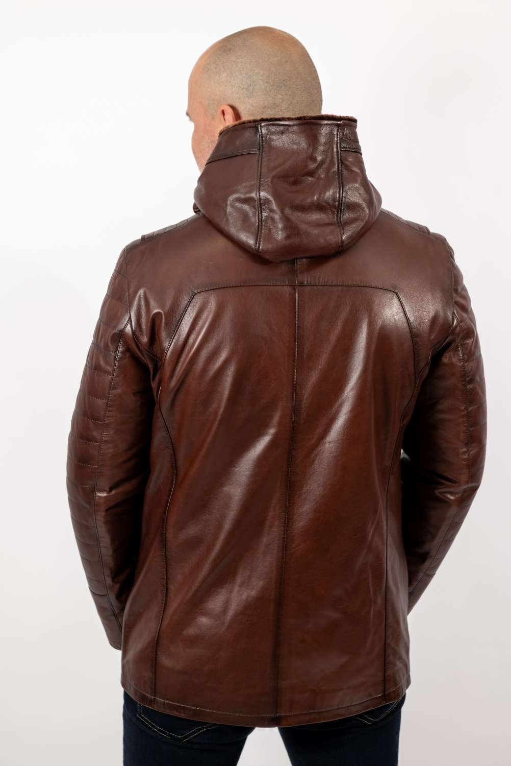 Men's leather coat Boris with hood Brown