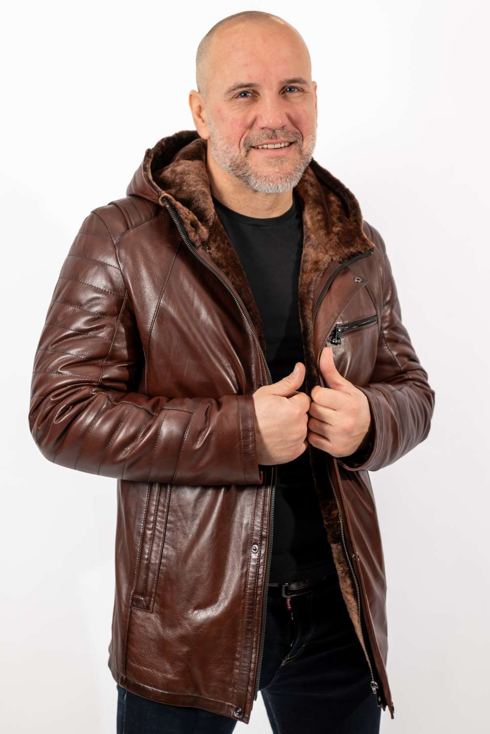 Men's leather coat Boris with hood Brown