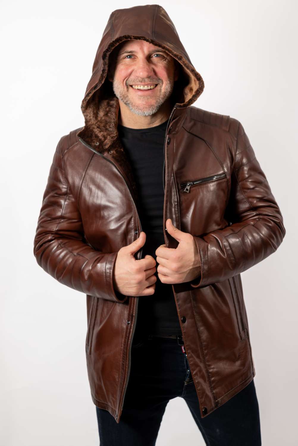 Men's leather coat Boris with hood Brown