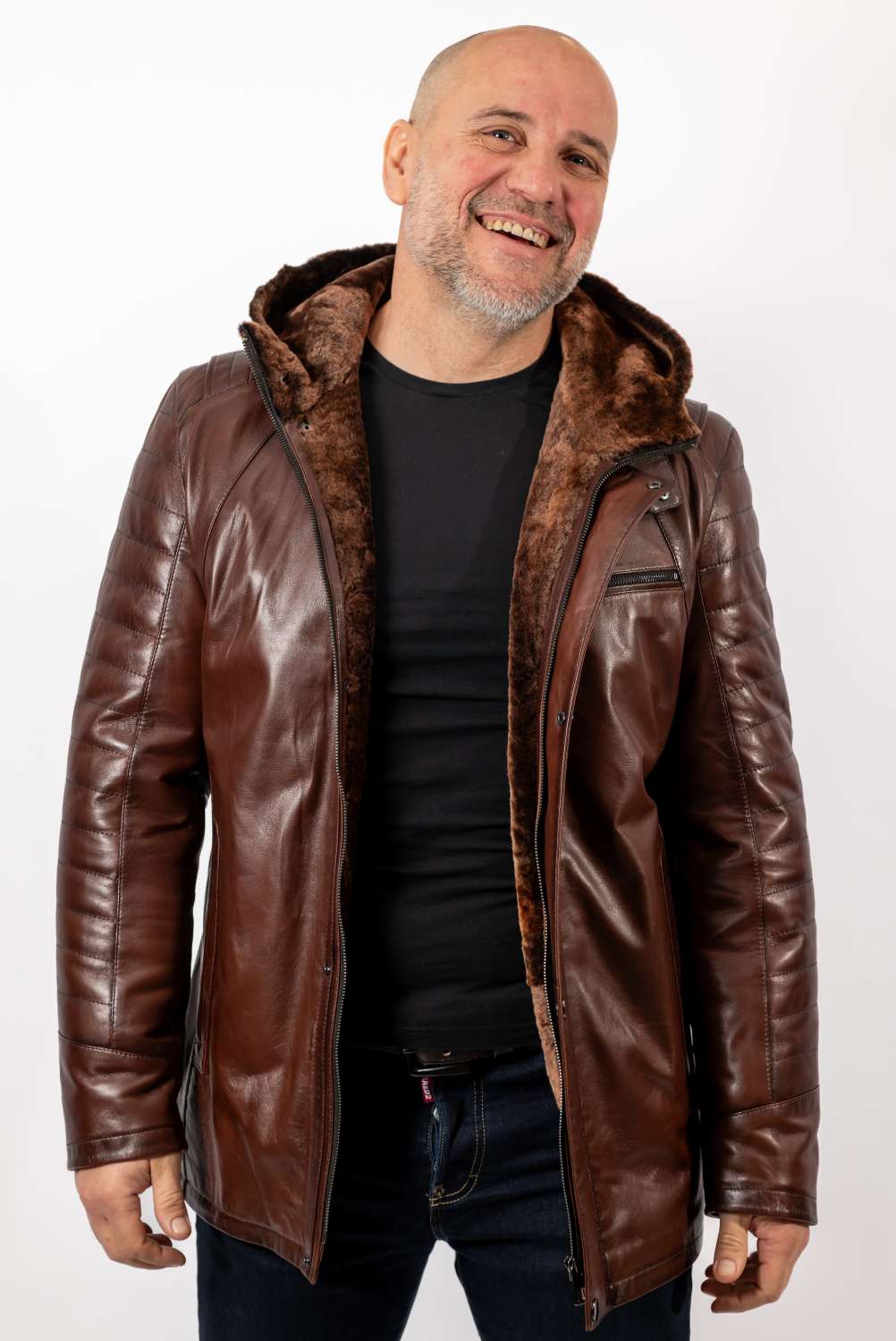 Men's leather coat Boris with hood Brown
