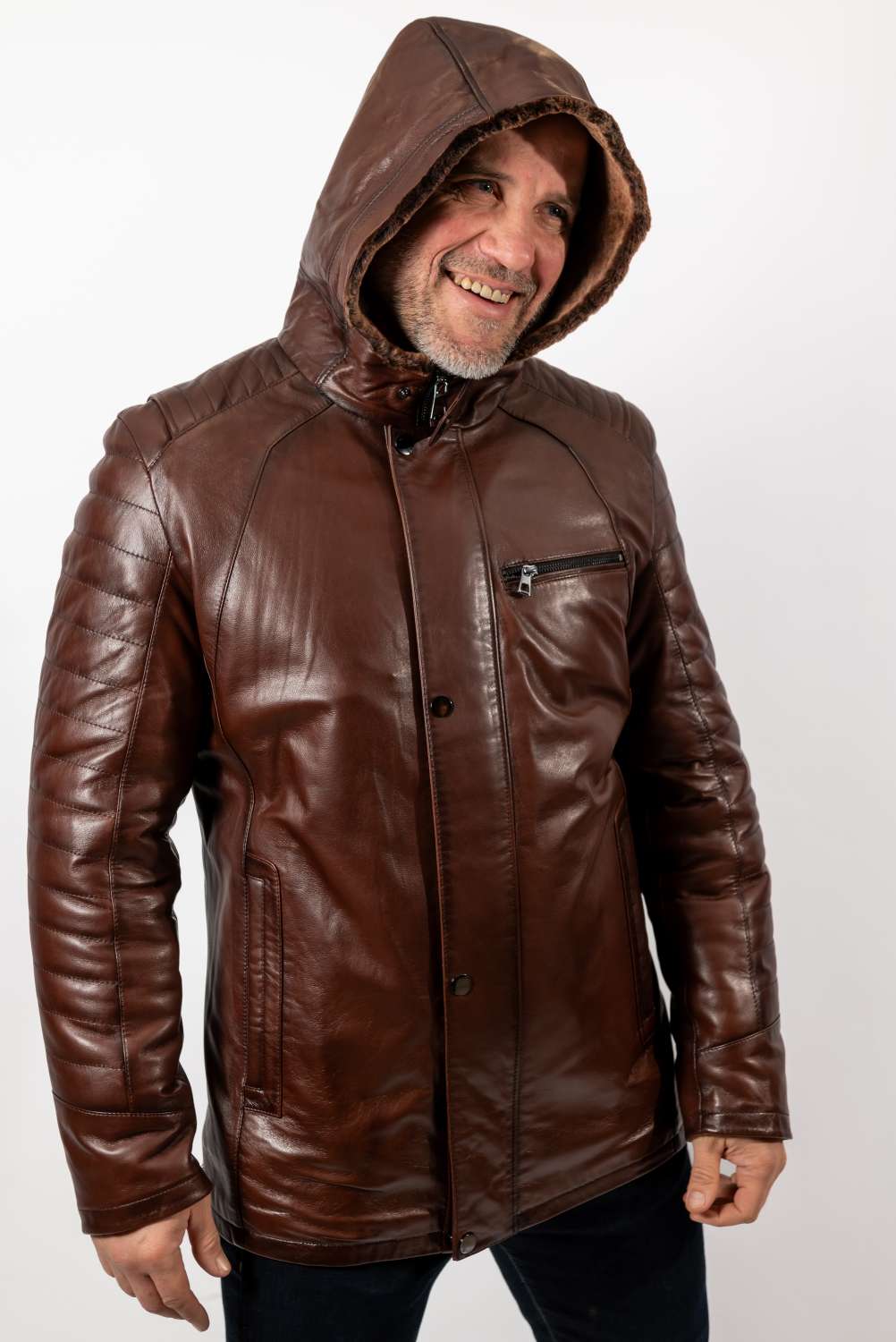 Men's leather coat Boris with hood Brown