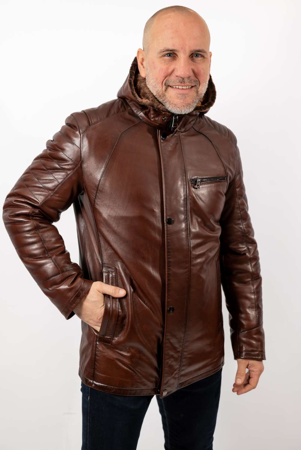 Men's leather coat Boris with hood Brown