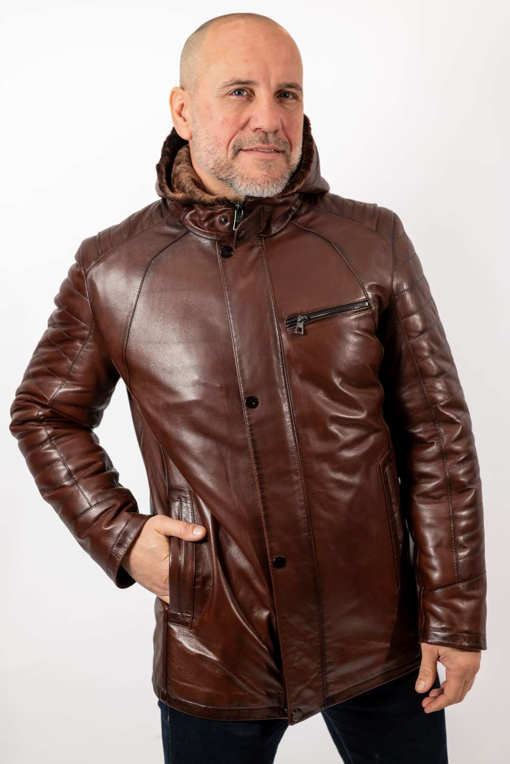 Men's leather coat Boris with hood Brown