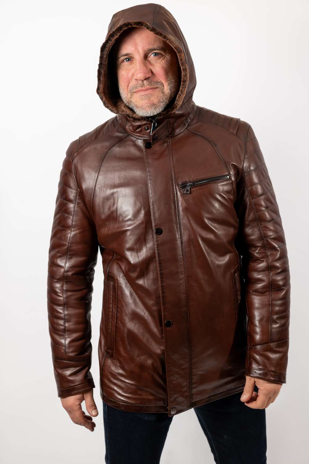 Men's leather coat Boris with hood Brown