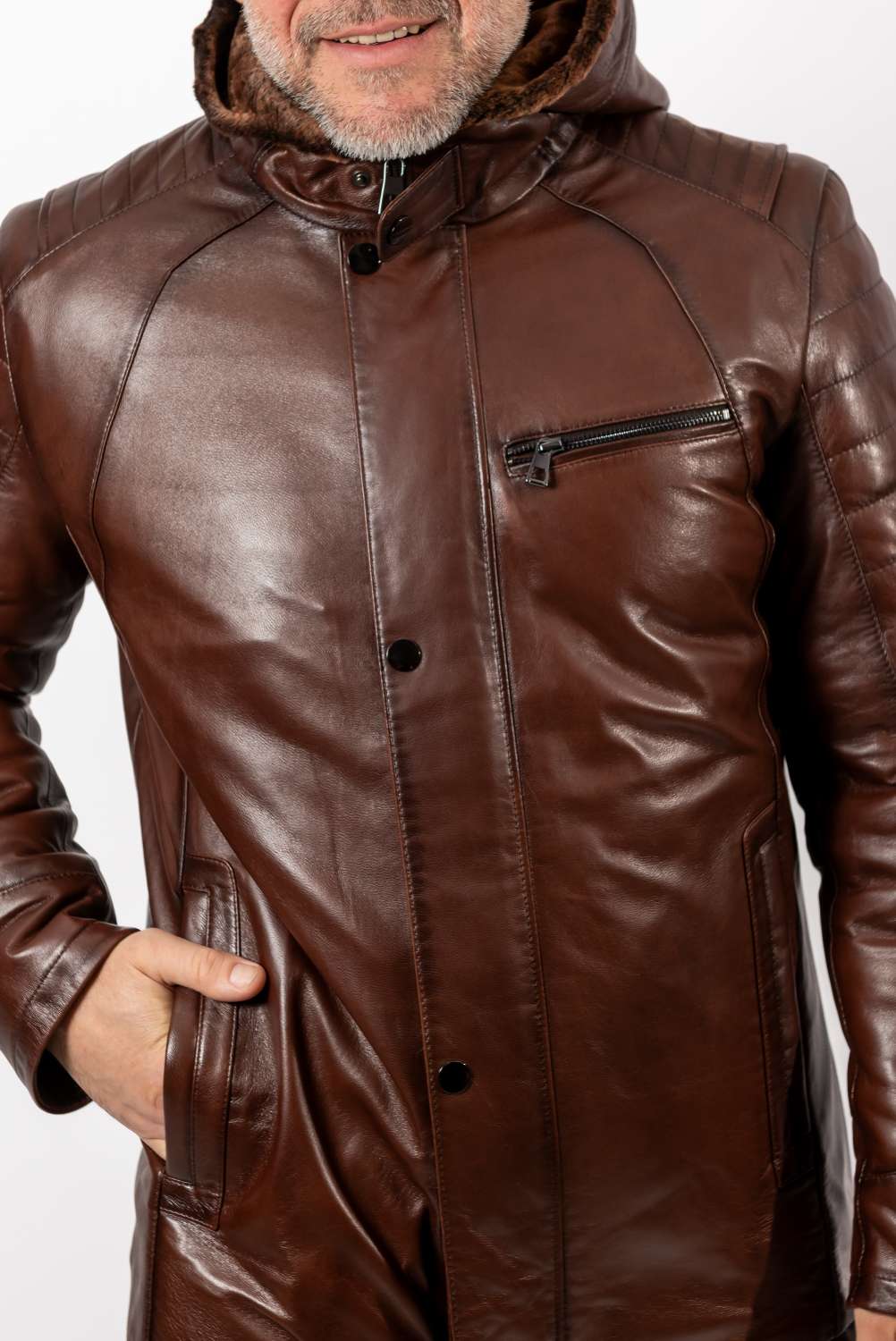 Men's leather coat Boris with hood Brown
