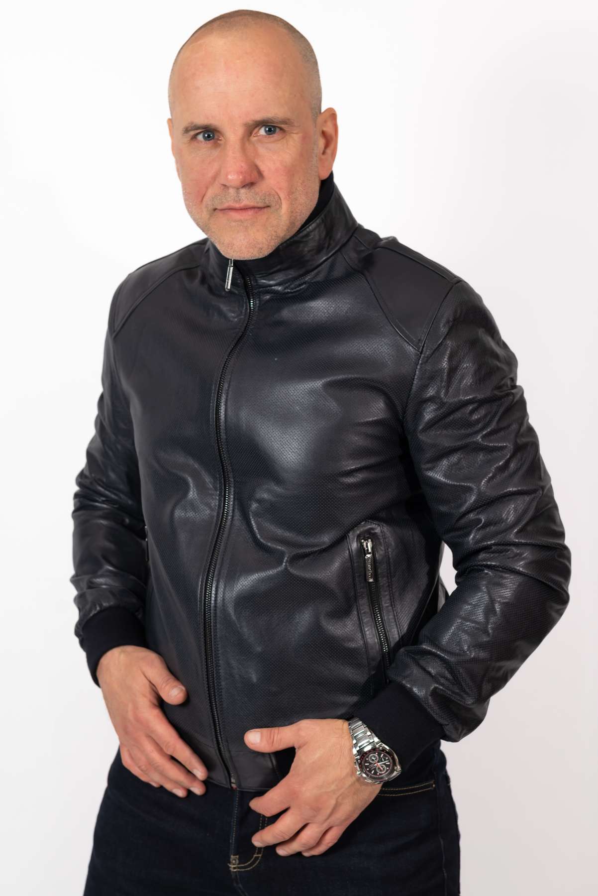 Men's leather bomber jacket Biser Dark Blue Perforate