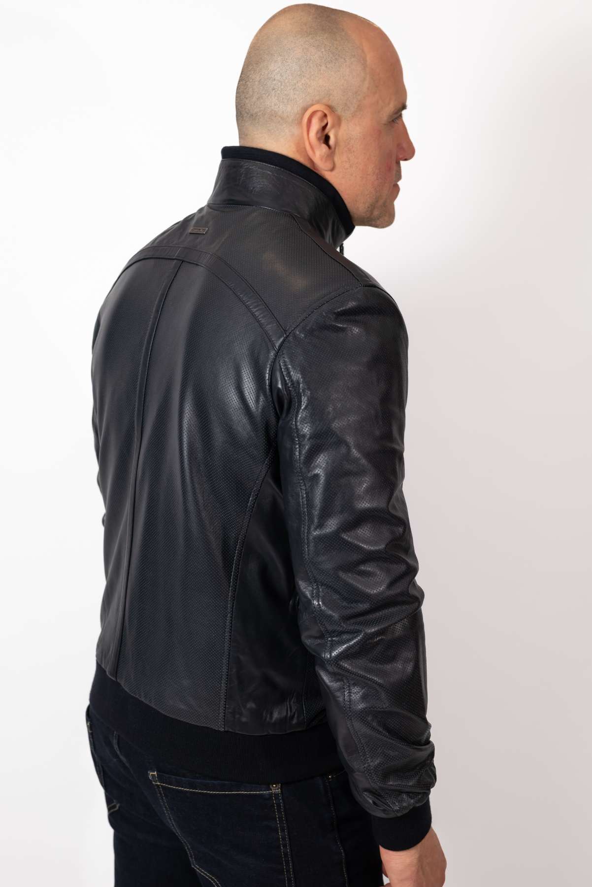Men's leather bomber jacket Biser Dark Blue Perforate