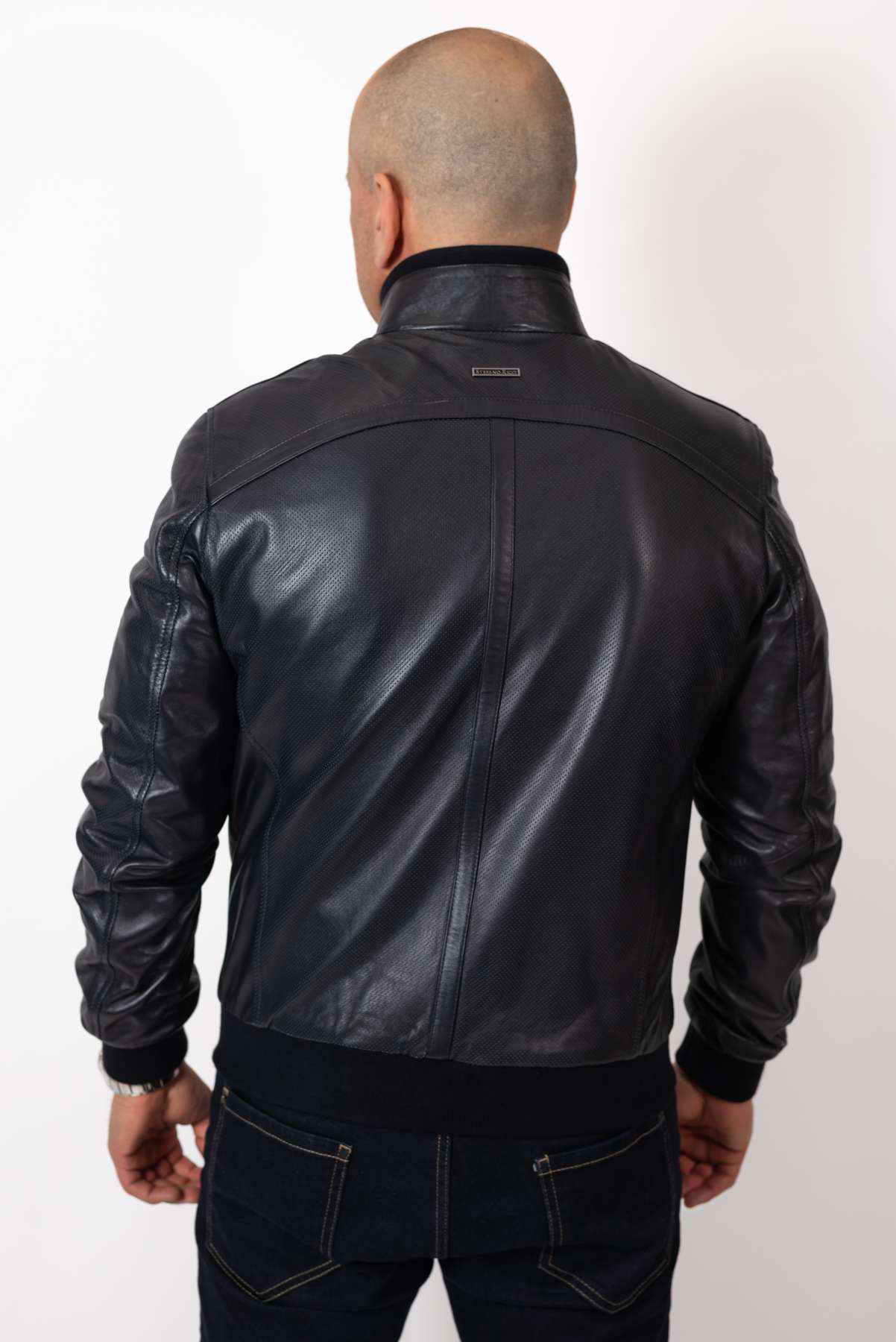 Men's leather bomber jacket Biser Dark Blue Perforate