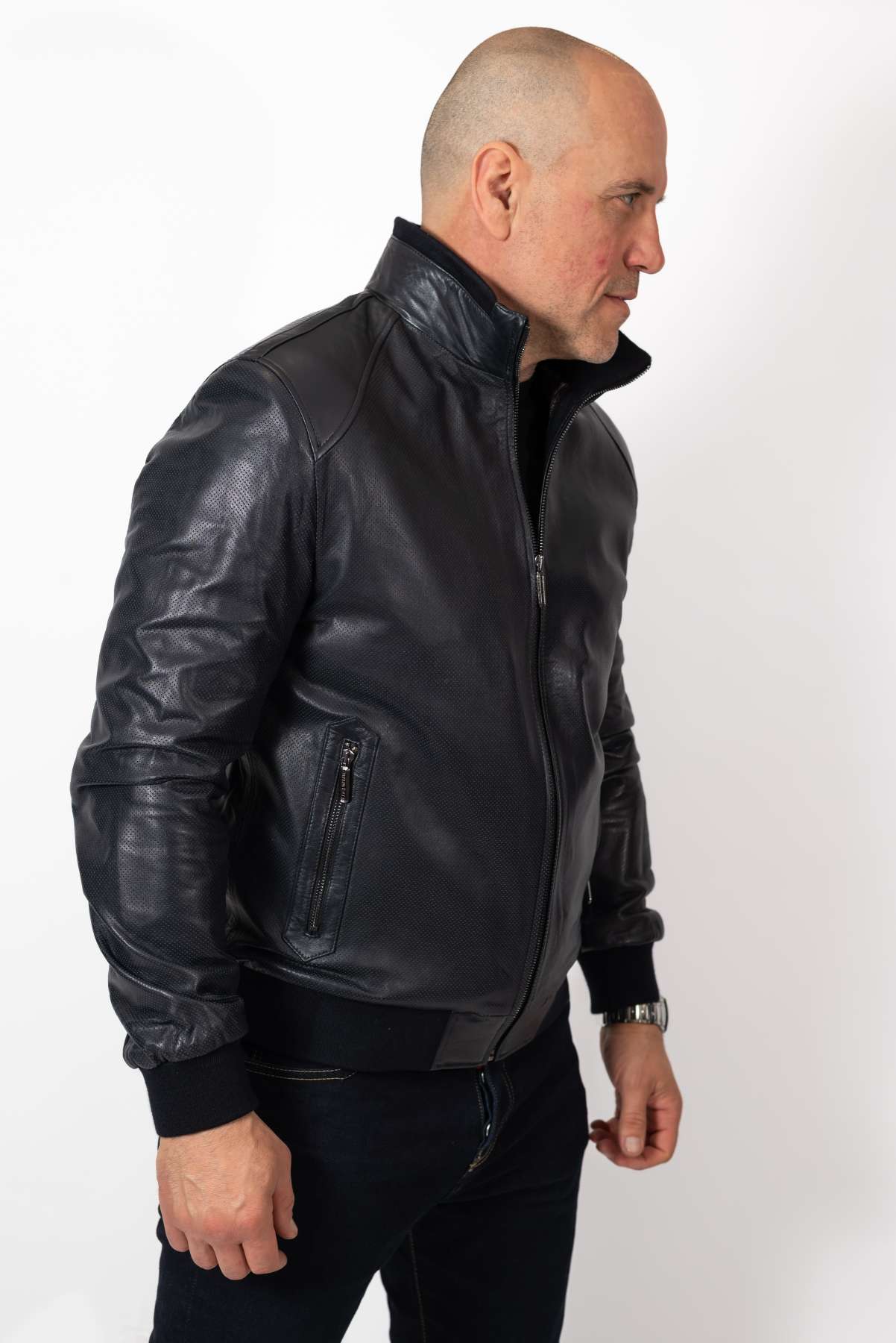 Men's leather bomber jacket Biser Dark Blue Perforate