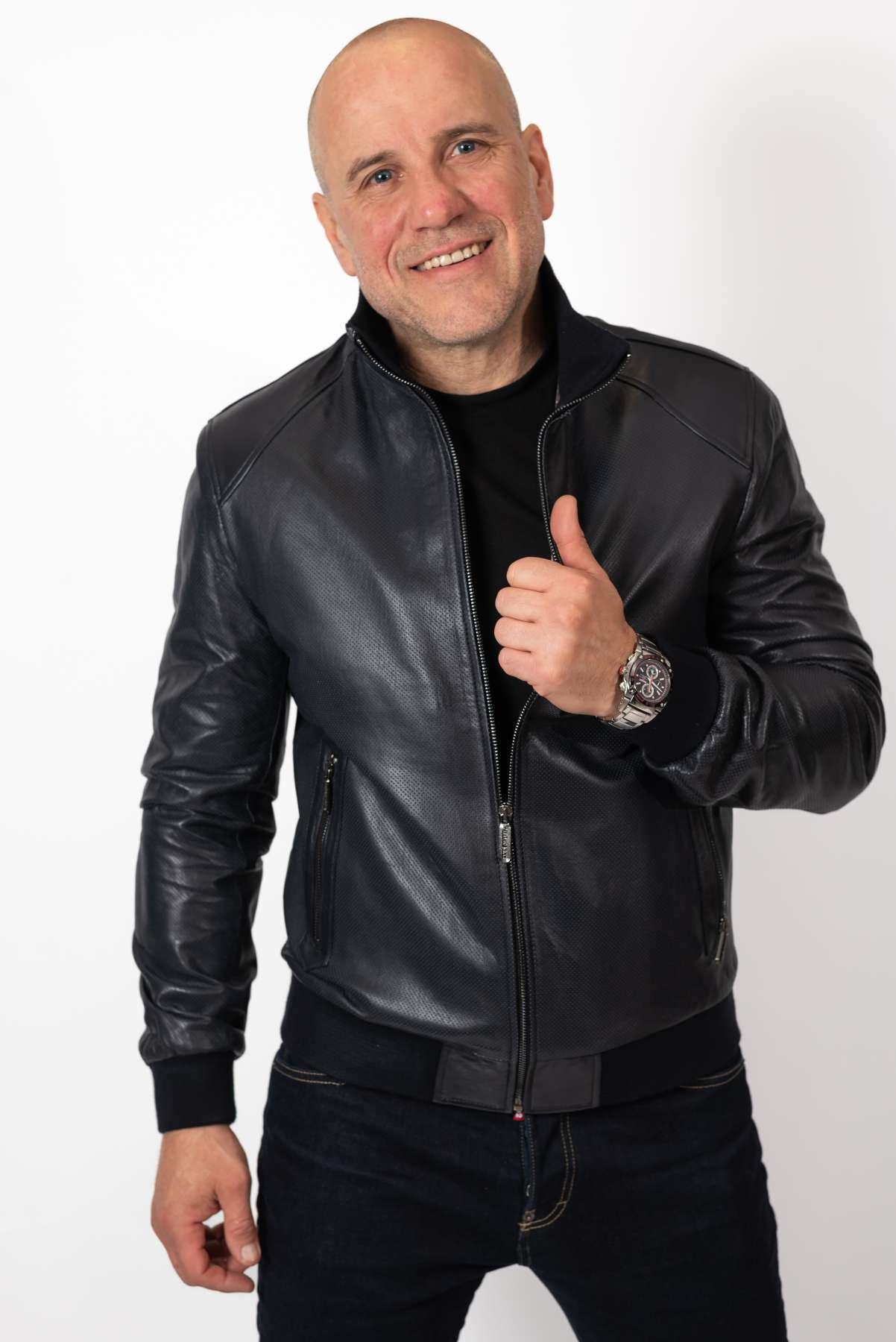 Men's leather bomber jacket Biser Dark Blue Perforate