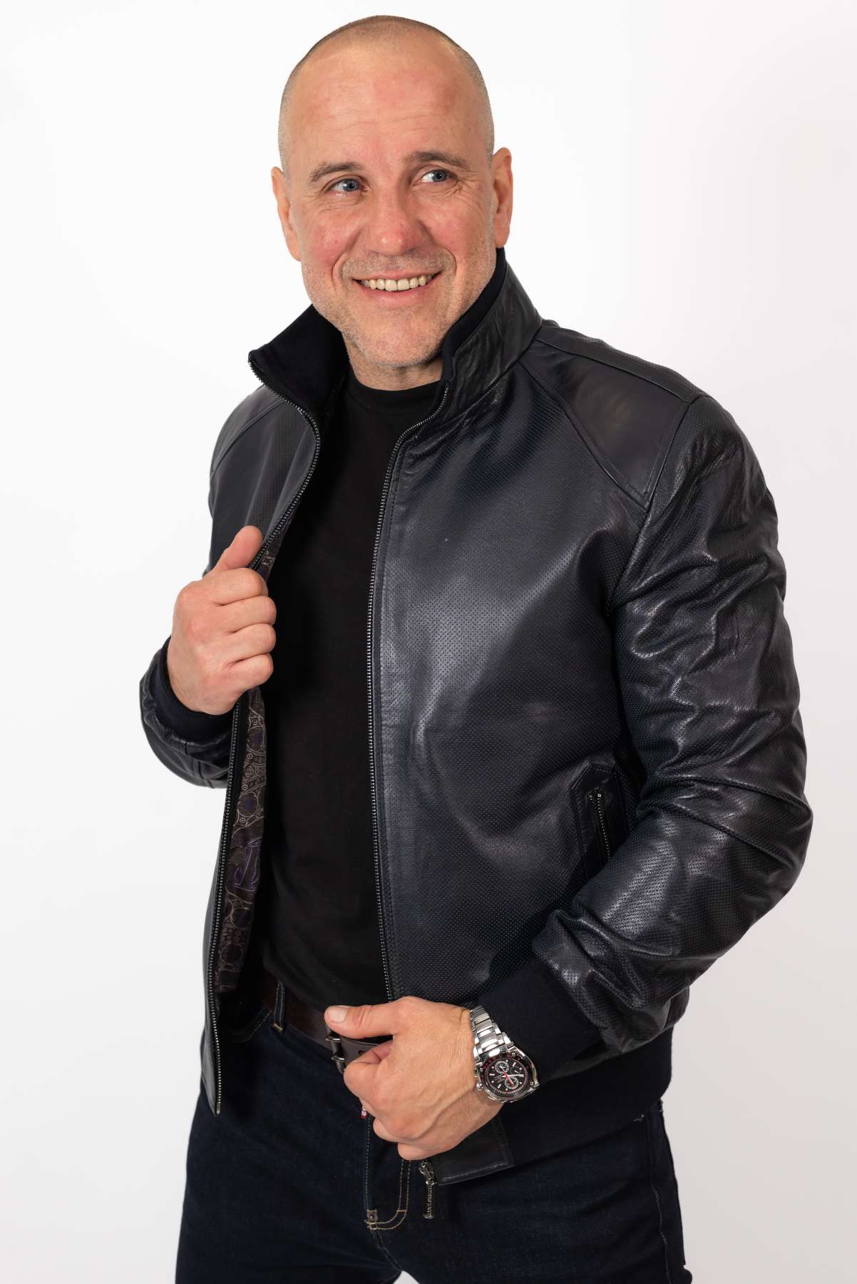Men's leather bomber jacket Biser Dark Blue Perforate