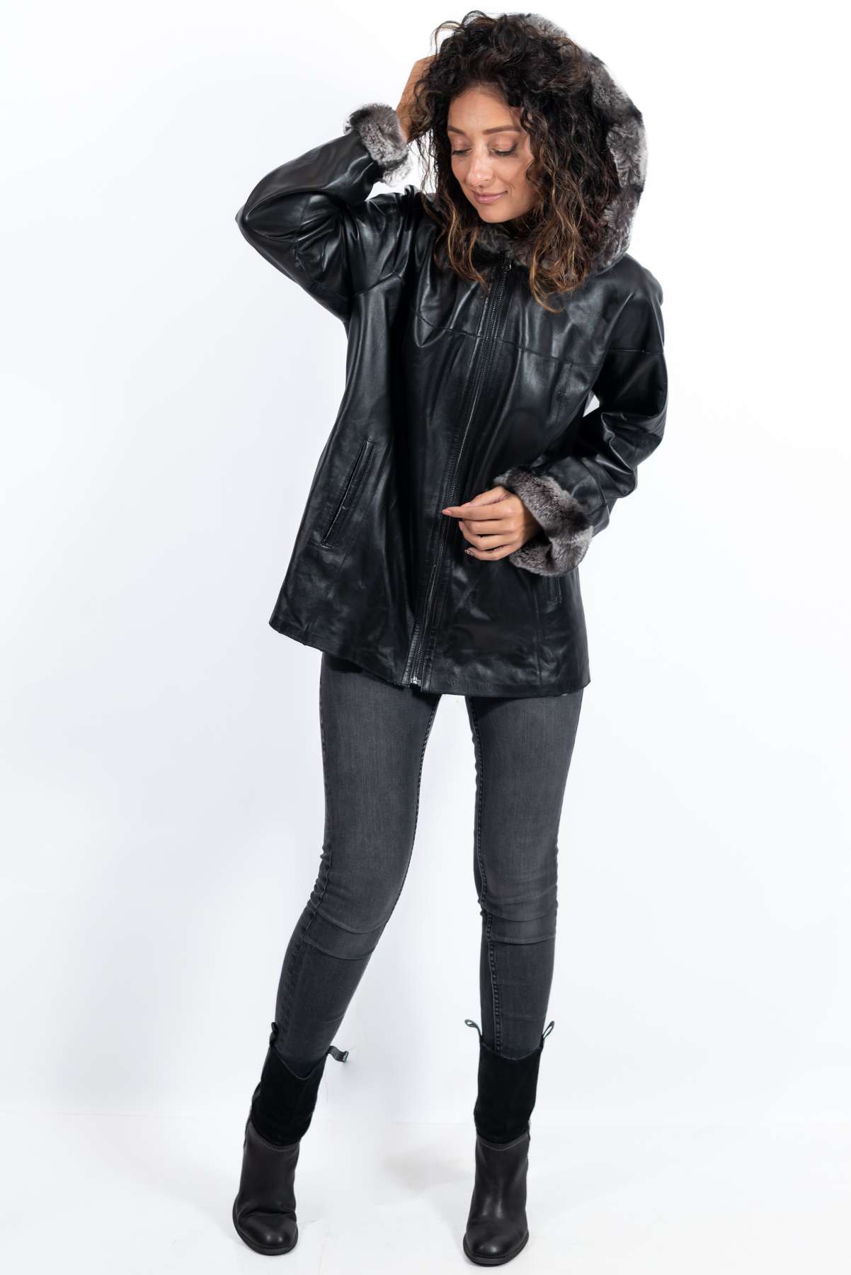 Women's leather jacket Maraya with Chinchilla double-sided