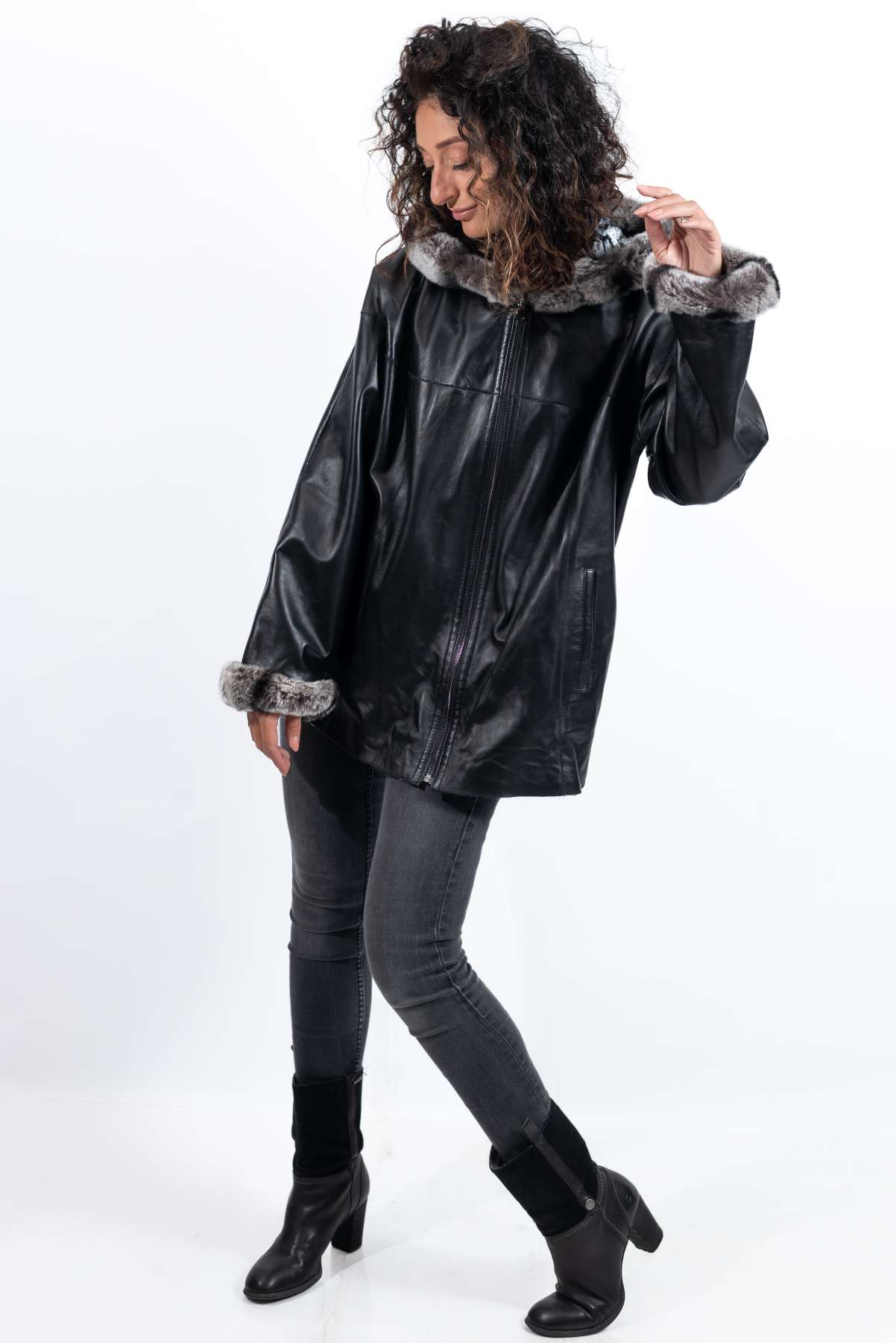 Women's leather jacket Maraya with Chinchilla double-sided