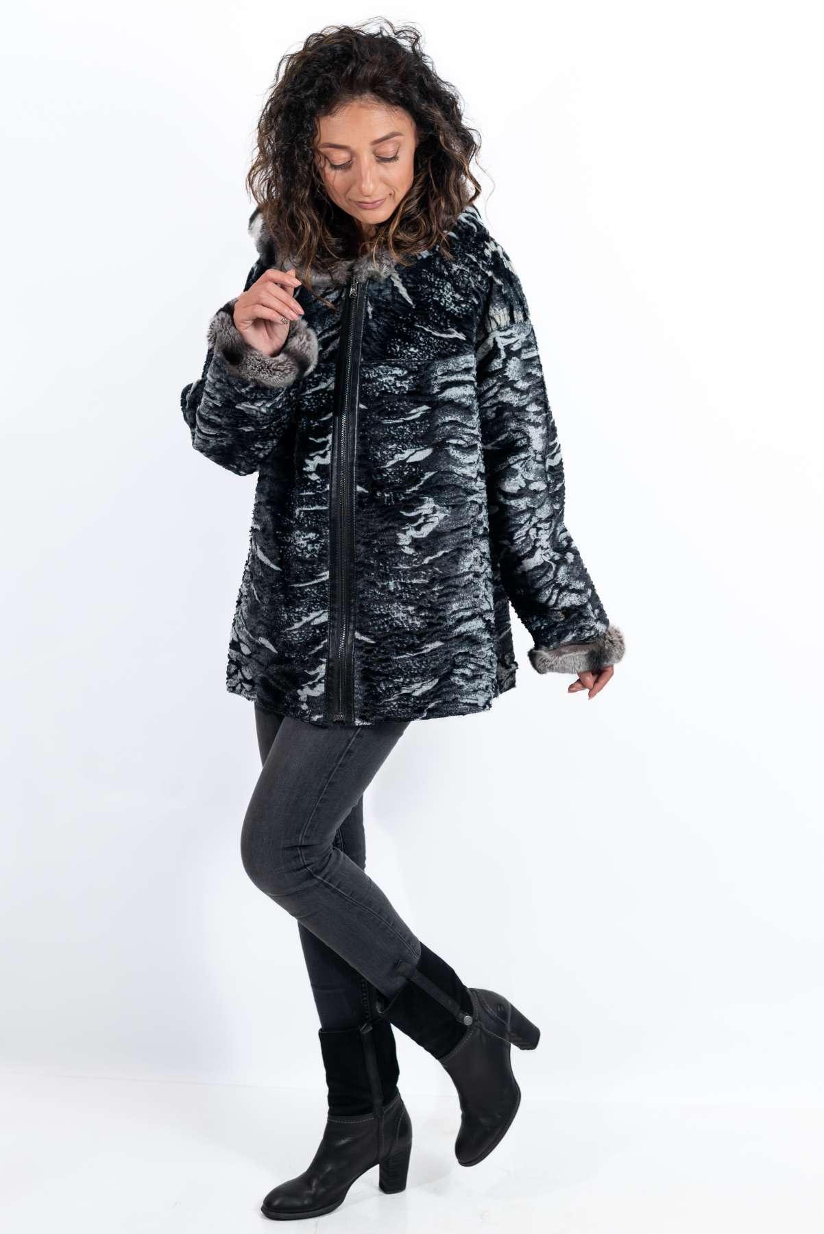 Women's leather jacket Maraya with Chinchilla double-sided