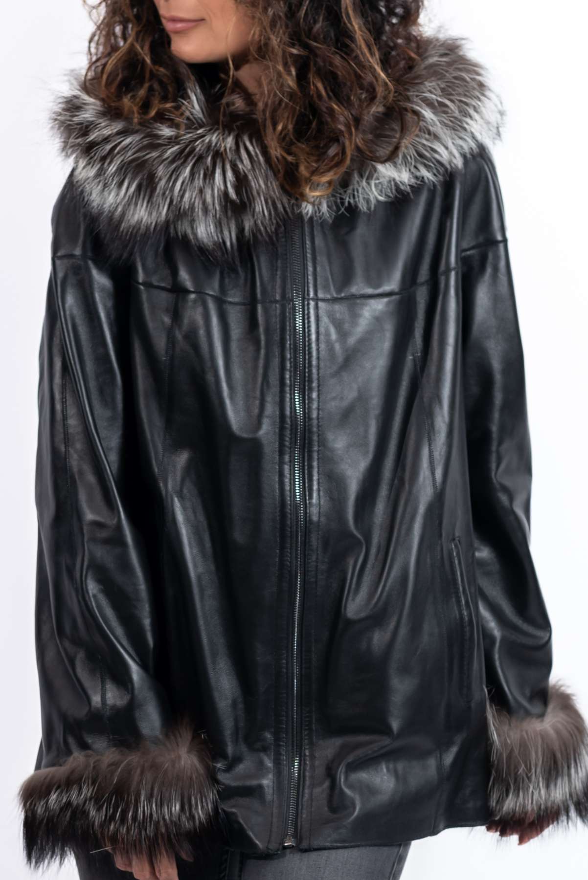 Women's leather jacket Maraya with silver fox double-sided
