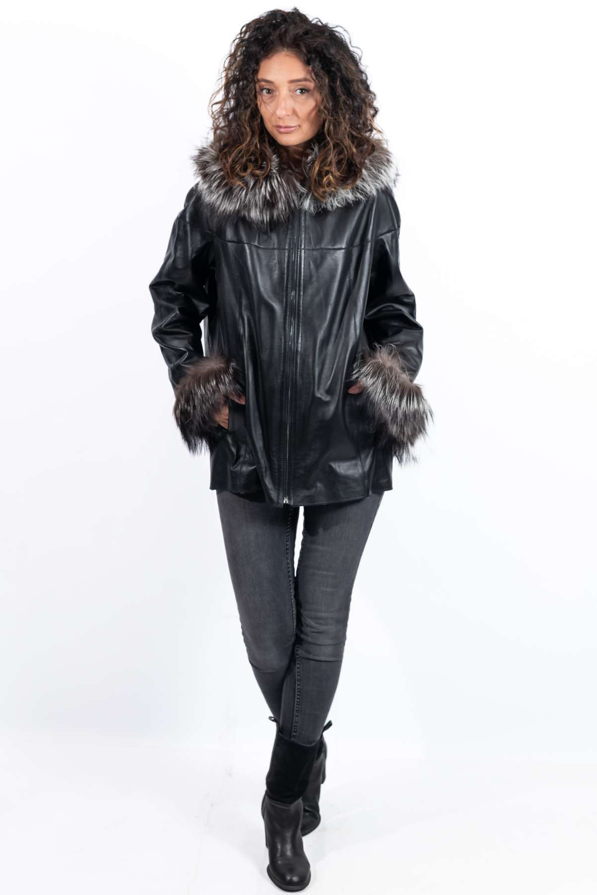 Women's leather jacket Maraya with silver fox double-sided