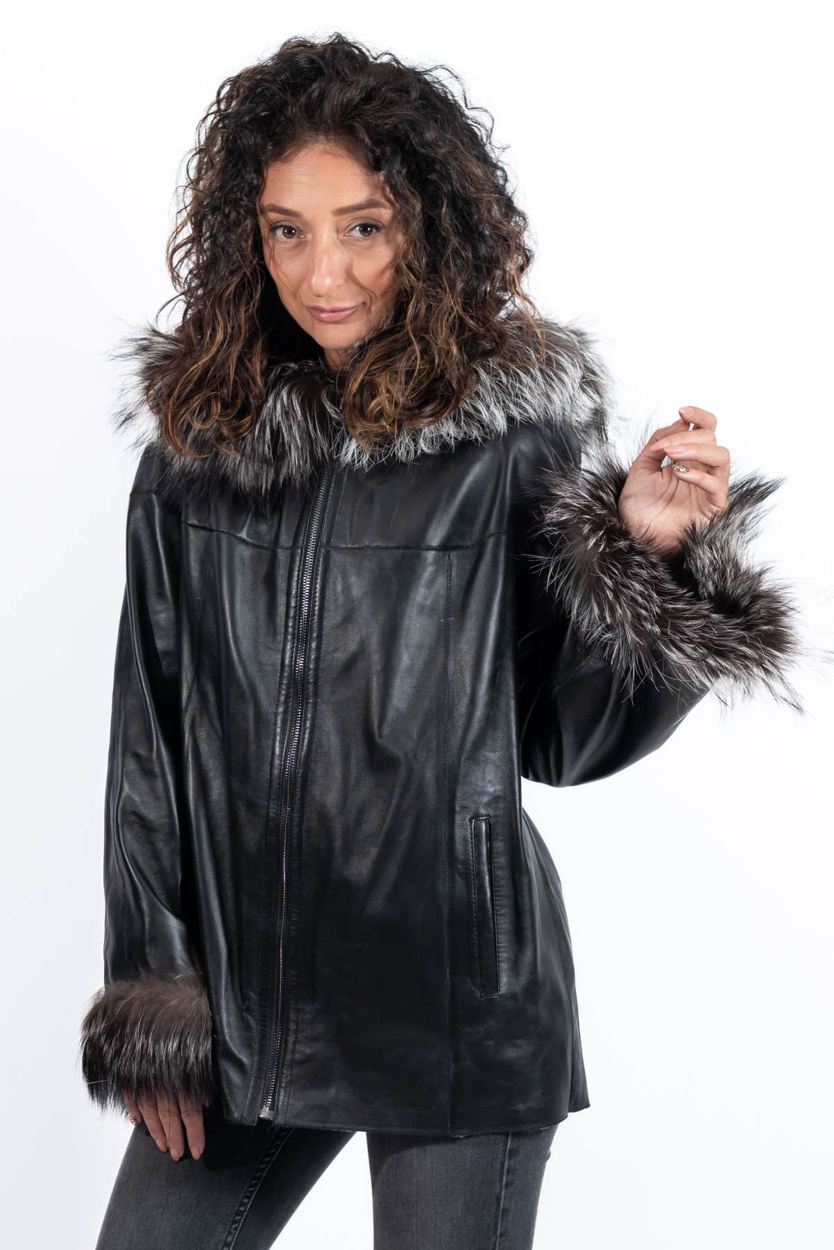 Women's leather jacket Maraya with silver fox double-sided