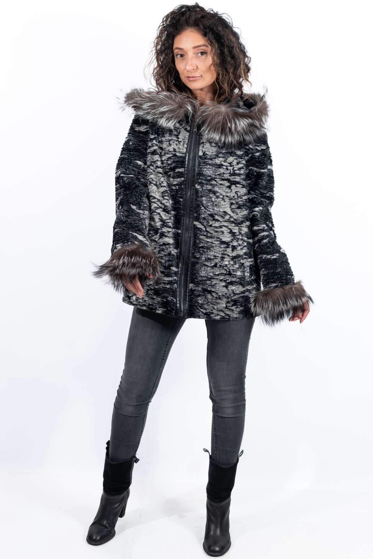 Women's leather jacket Maraya with silver fox double-sided