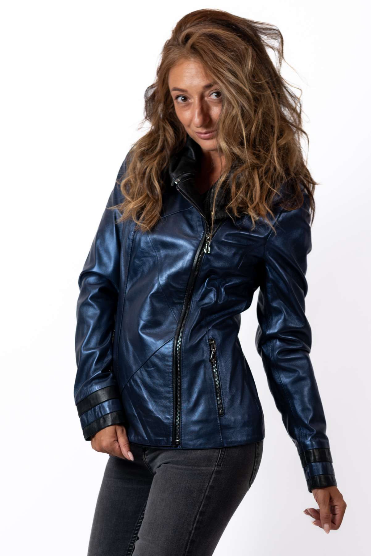 Women's leather jacket Angela Blue Neon