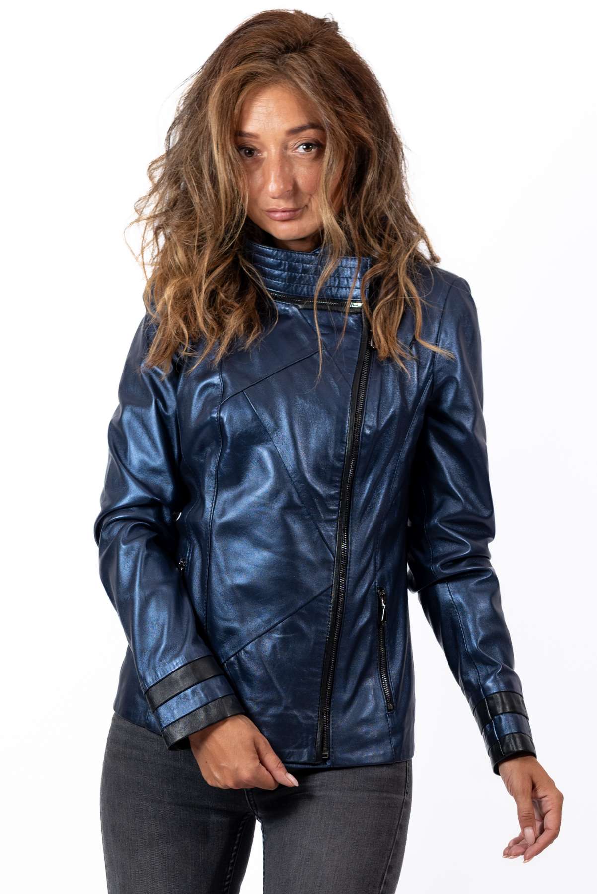 Women's leather jacket Angela Blue Neon