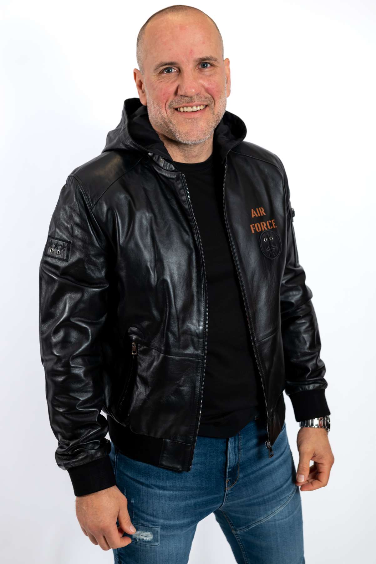 MANS LEATHER JACKET ALEX with HOOD