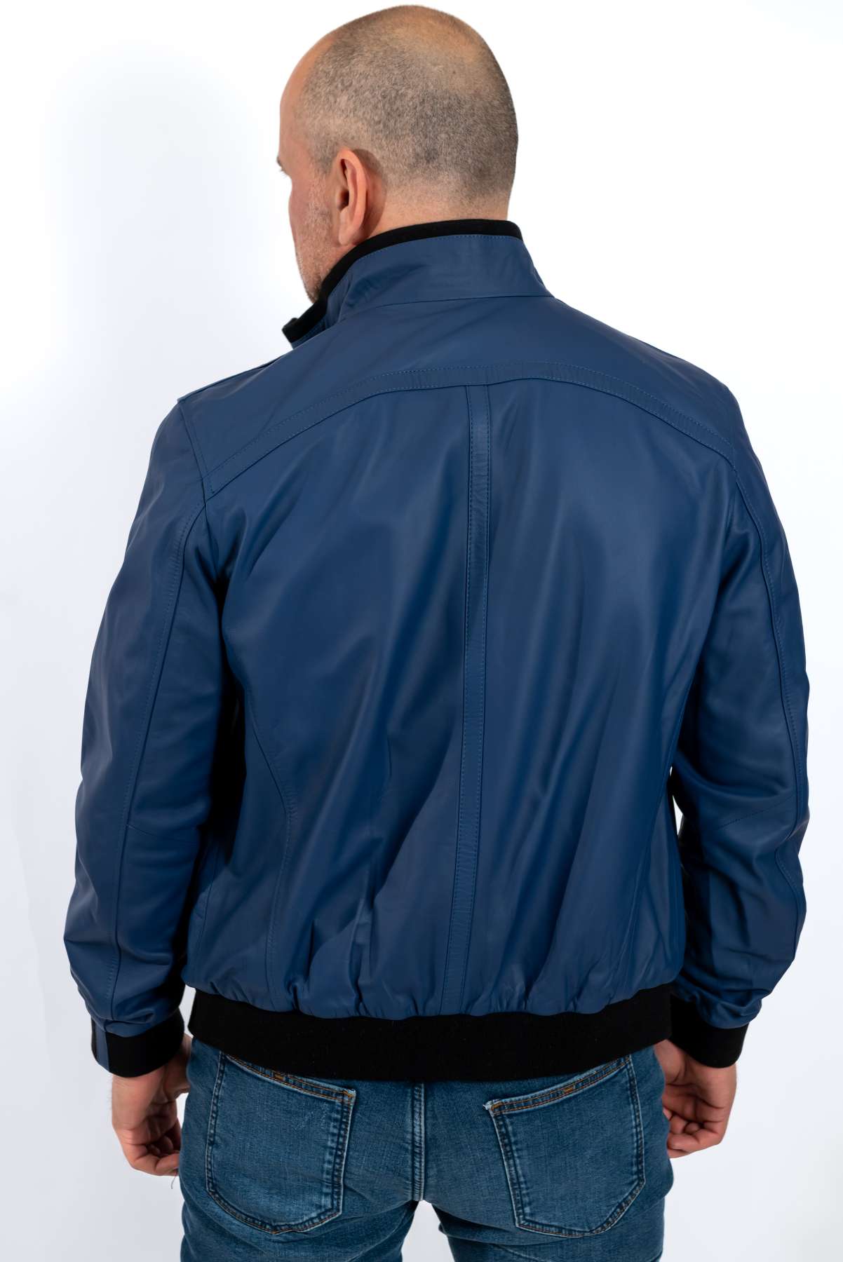 MANS LEATHER JACKET BOMBER in BLUE