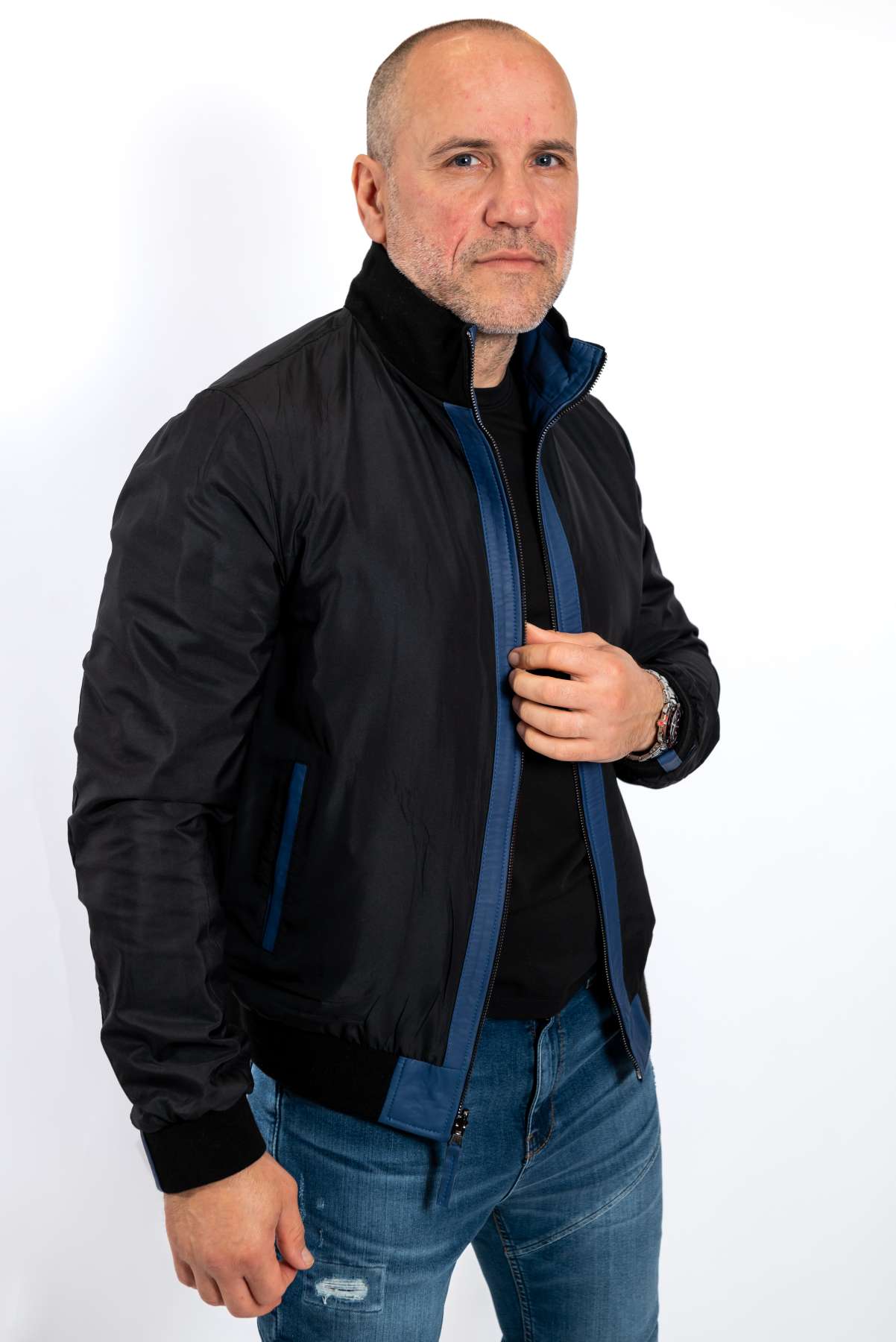 MANS LEATHER JACKET BOMBER in BLUE