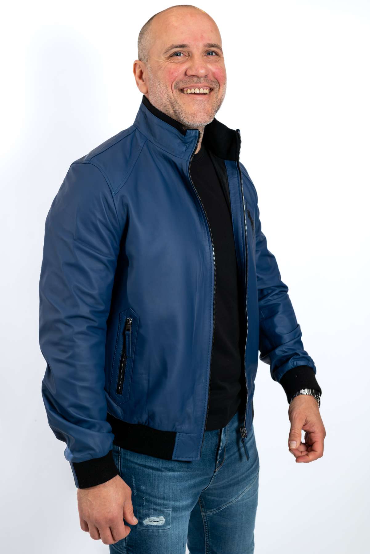 MANS LEATHER JACKET BOMBER in BLUE
