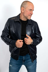 MANS LEATHER JACKET BOMBER LEO in BLUE