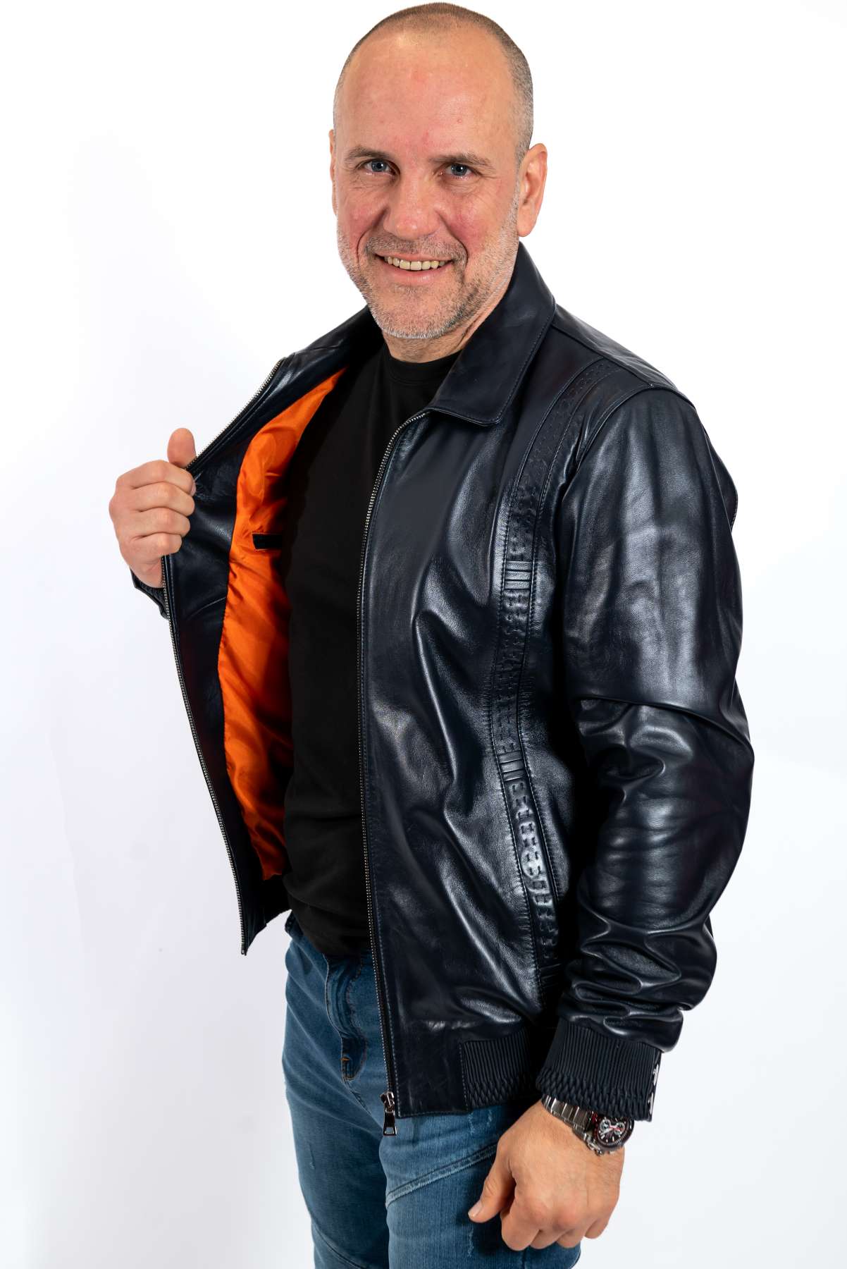 MANS LEATHER JACKET BOMBER LEO in BLUE