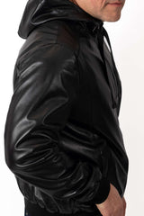 Men's Leather Bomber Jacket Boris with Hood Black
