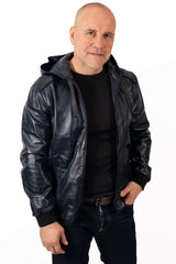 Men's Leather Bomber Jacket Boris with Hood Blue
