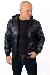 Men's Leather Bomber Jacket Boris with Hood Blue