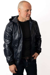 Men's Leather Bomber Jacket Boris with Hood Blue