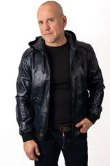Men's Leather Bomber Jacket Boris with Hood Blue